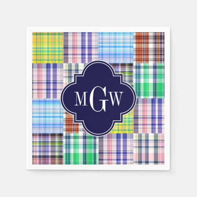 Preppy Patchwork Madras Navy Quatrefoil Monogram Serviette (Vorderseite)