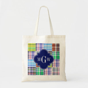 Preppy Patchwork Madras Navy Quatrefoil Monogram Tragetasche