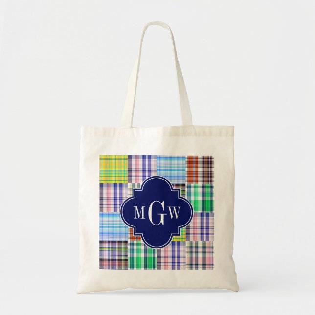 Preppy Patchwork Madras Navy Quatrefoil Monogram Tragetasche (Vorne)