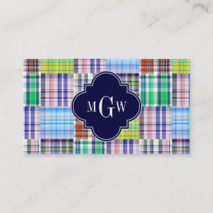Preppy Patchwork Madras Navy Quatrefoil Monogram Visitenkarte