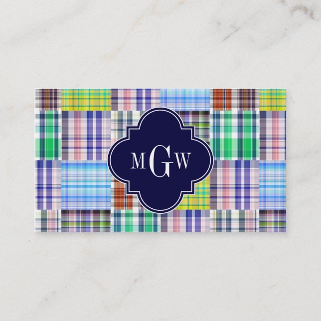 Preppy Patchwork Madras Navy Quatrefoil Monogram Visitenkarte (Vorderseite)