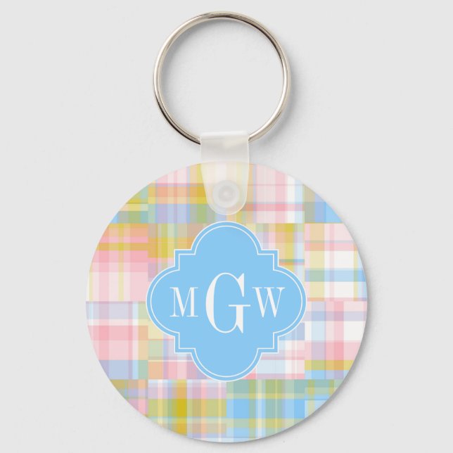Preppy Patchwork Madras Pastel Quatrefolie Initial Schlüsselanhänger (Vorderseite)