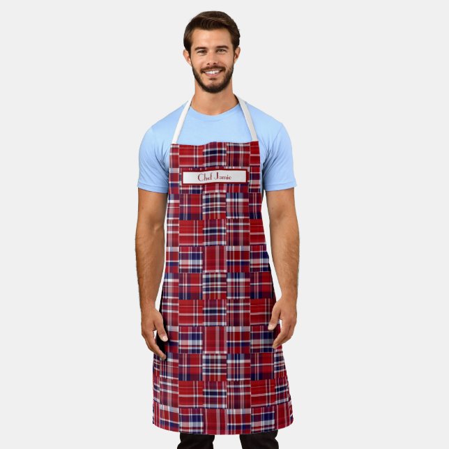 Preppy-Patchwork-Madras-Tiefrot-Navy-Weiß Schürze (Getragen)
