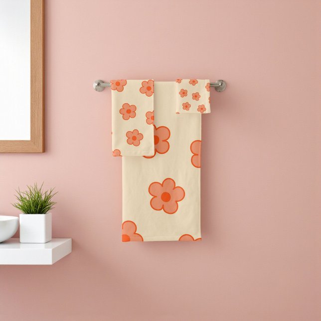 Preppy Peach Orange Hippie Blume Badhandtuch Set (Preppy Peach Orange Hippie Flower Bath Towel Set)