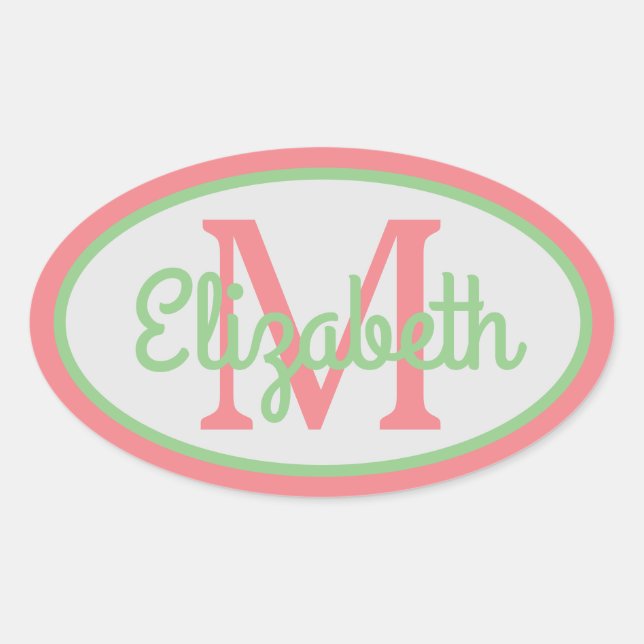 Preppy Peach und Sage Green Monogram Ovaler Aufkleber (Vorderseite)