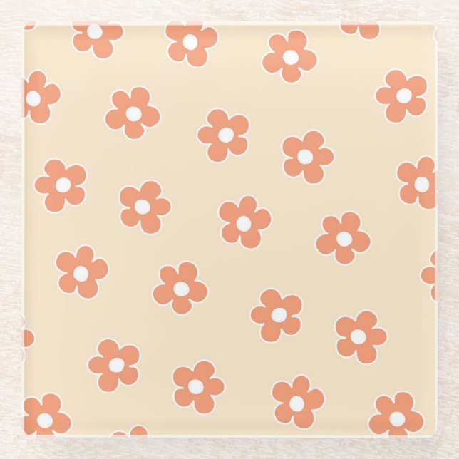 Preppy Peach White Hippie Blume Muster Glasuntersetzer (Vorderseite)