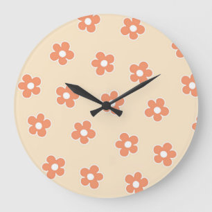 Preppy Peach White Hippie Blume Muster Große Wanduhr