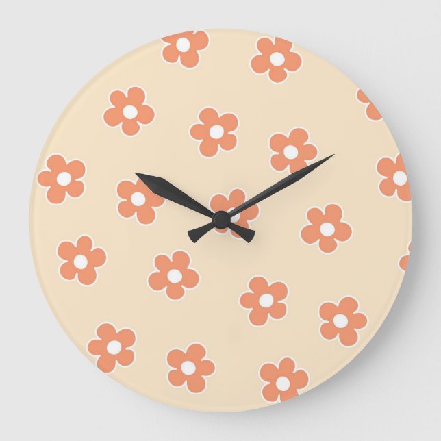 Preppy Peach White Hippie Blume Muster Große Wanduhr (Vorderseite)