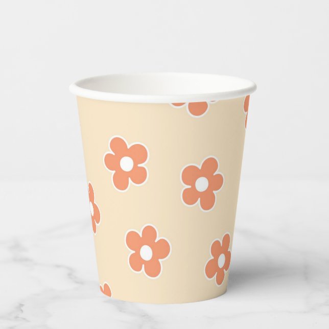 Preppy Peach White Hippie Blume Muster Pappbecher (Vorderseite)