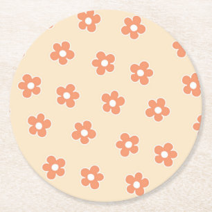 Preppy Peach White Hippie Blume Muster Runder Pappuntersetzer