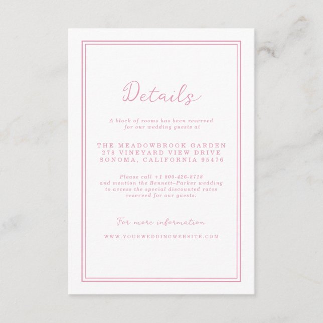 Preppy Peony Pink Chic Wedding Details Card Begleitkarte (Vorderseite)