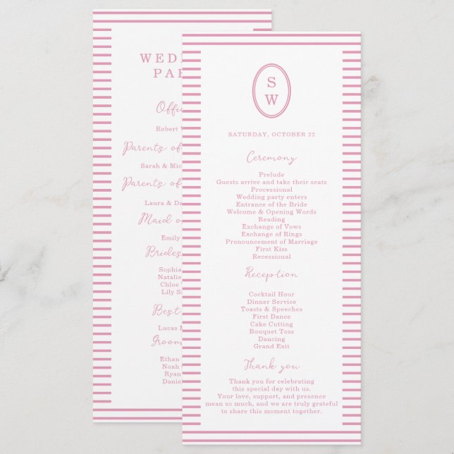 Preppy Peony Pink Chic Wedding Program Card Einladung (Vorne/Hinten)
