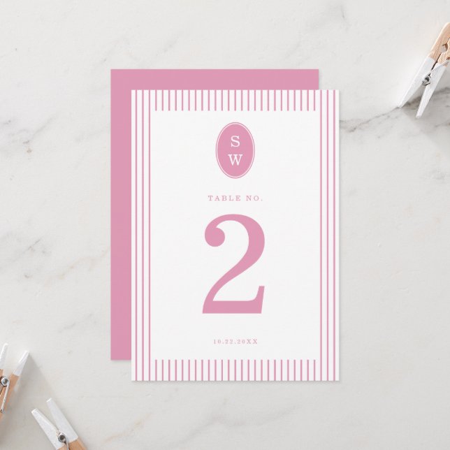 Preppy Peony Pink Chic Wedding Table Number Card Einladung (Vorderseite/Rückseite Beispiel)