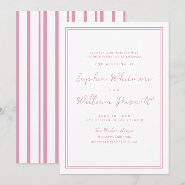 Preppy Peony Pink Striped Wedding Invitation Einladung (Vorne/Hinten)