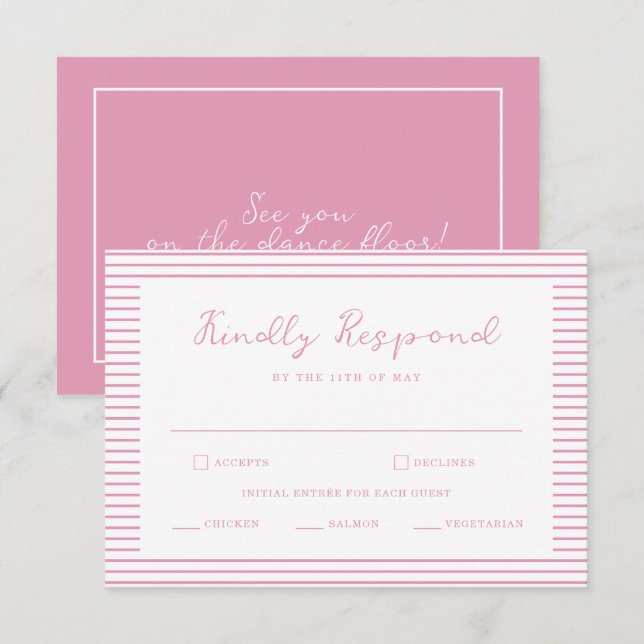 Preppy Peony Pink Striped Wedding RSVP Card Begleitkarte (Vorne/Hinten)
