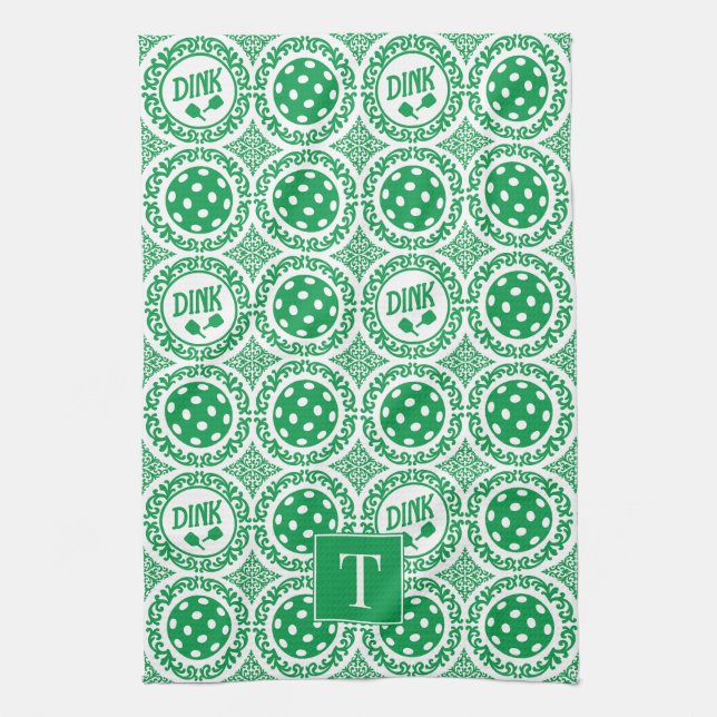 Preppy-Pickleball-Damask - Grünes Dink-Muster Geschirrtuch (Vertikal)
