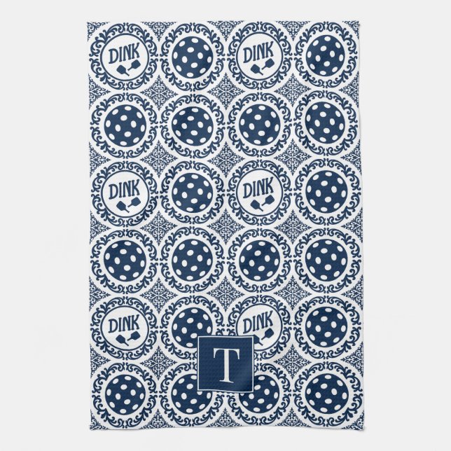 Preppy Pickleball Damask - Navy Dink Motif Geschirrtuch (Vertikal)