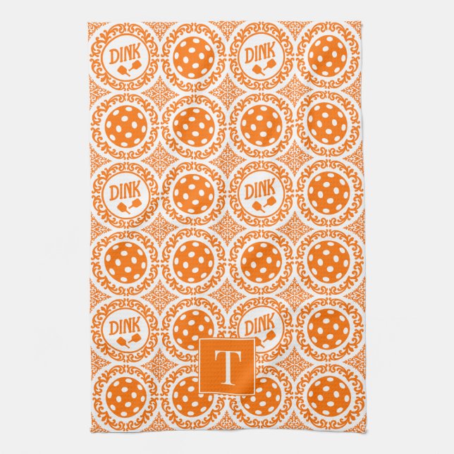 Preppy Pickleball Damask - Orange Dink Motif Geschirrtuch (Vertikal)
