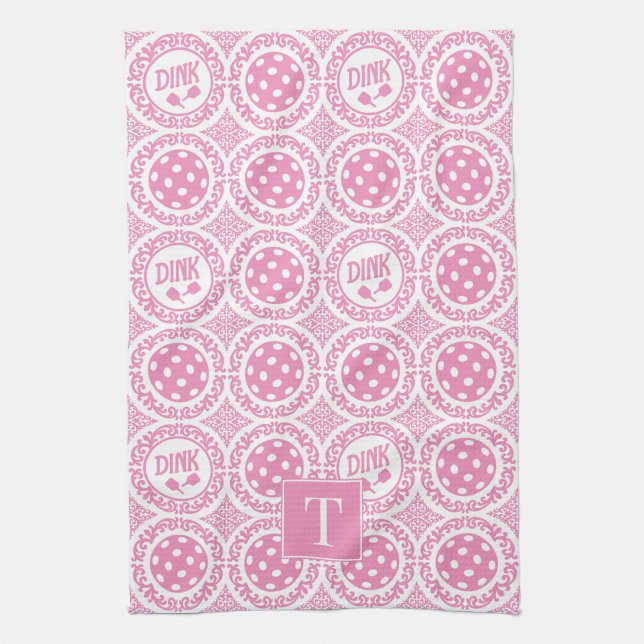 Preppy-Pickleball-Damask - Pink Dink-Muster Geschirrtuch (Vertikal)