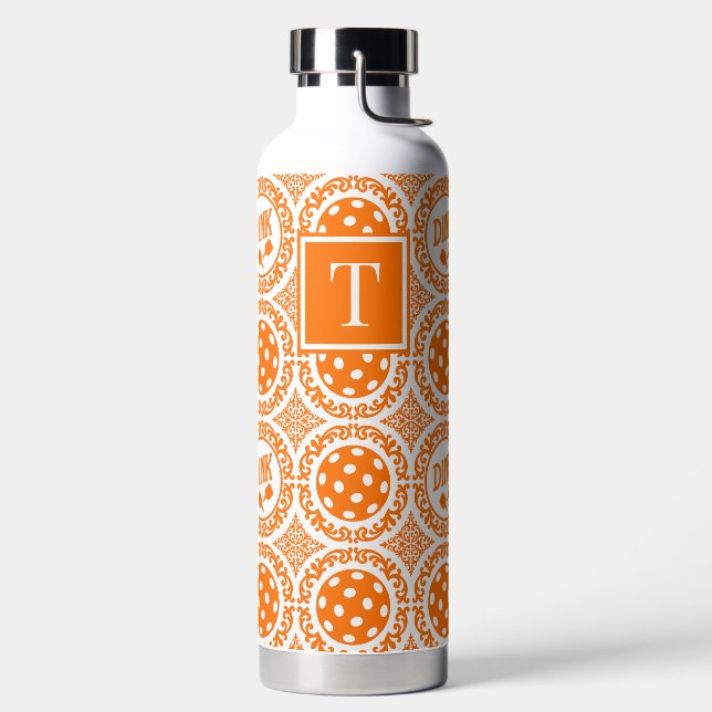 Preppy Pickleball Damast - Oranges Dink-Muster Trinkflasche (links)