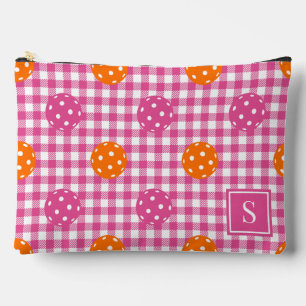Preppy-Pickleball-Karo-Muster Hellrosa Orange Mono Zubehörtasche
