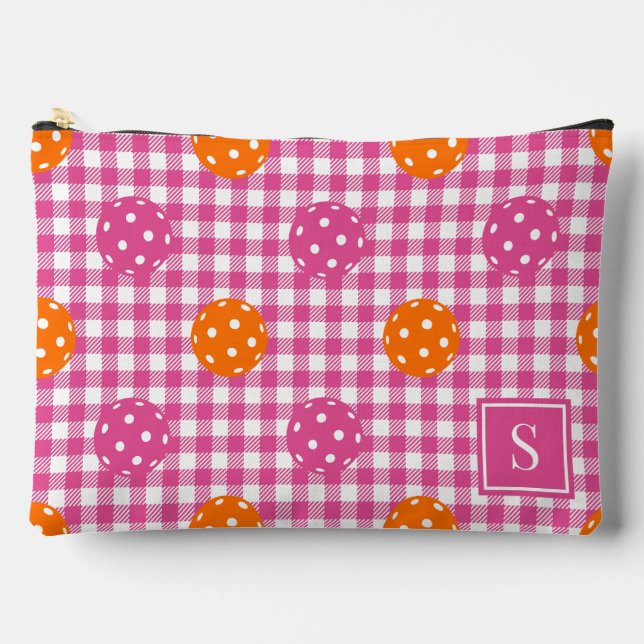 Preppy-Pickleball-Karo-Muster Hellrosa Orange Mono Zubehörtasche (Vorderseite)