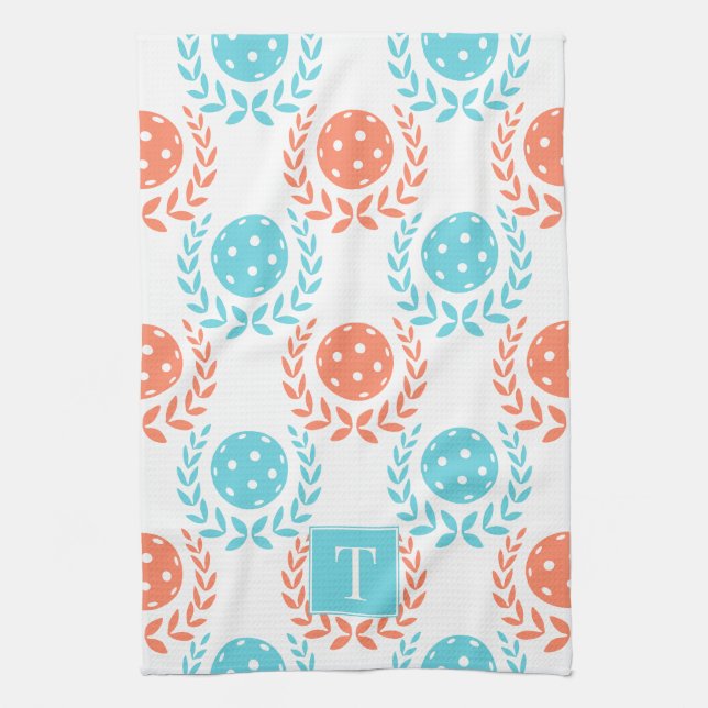 Preppy Pickleball Laurel Wreath - Coral Turquoise Geschirrtuch (Vertikal)