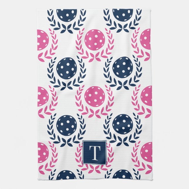 Preppy Pickleball Laurel Wreath - Navy & Hot Pink Geschirrtuch (Vertikal)