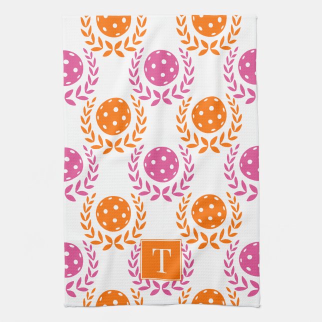 Preppy Pickleball Laurel Wreath - Orange Hot Pink Geschirrtuch (Vertikal)