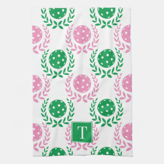 Preppy Pickleball Laurel Wreath - Pink & Green Geschirrtuch