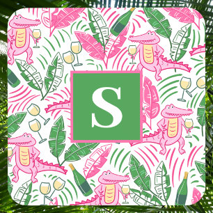 Preppy Pink Alligator Monogram / Wein Palmwedel Getränkeuntersetzer