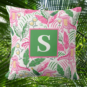 Preppy Pink Alligator Monogramm / Weinrote Palmwed Kissen