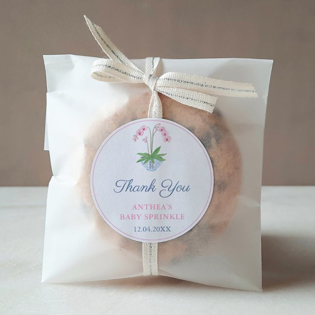 Preppy Pink and Blue Orchid Girl Baby Dusche Gefal Runder Aufkleber (Elegant pink watercolor orchid in ginger jar thank you favor sticker design)