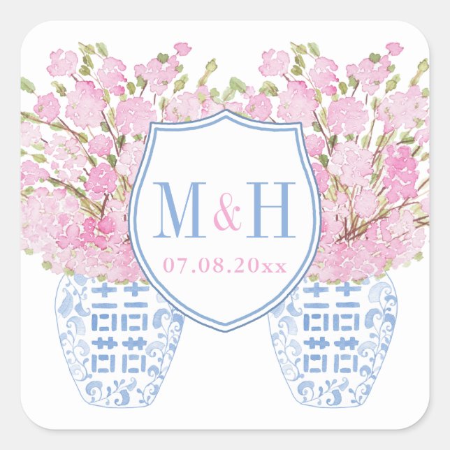 Preppy Pink and Blue Wedding Monogram Wappen Squar Quadratischer Aufkleber (Vorderseite)
