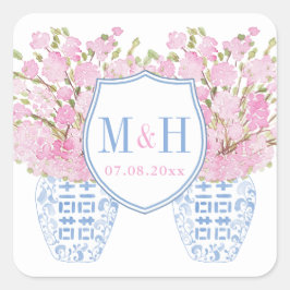 Preppy Pink and Blue Wedding Monogram Wappen Squar Quadratischer Aufkleber