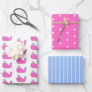 Preppy Pink and Blue Whales Polka Dots and Stripes Geschenkpapier Set