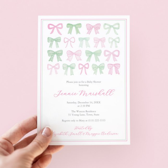 Preppy Pink and Green Bows Kinderdusche Einladung (Preppy pink and green bows baby girl shower invite with pink white bengal stripes reverse)