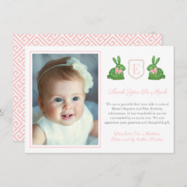 Preppy Pink and Green Boxwood Bunny Baptisc Foto Dankeskarte