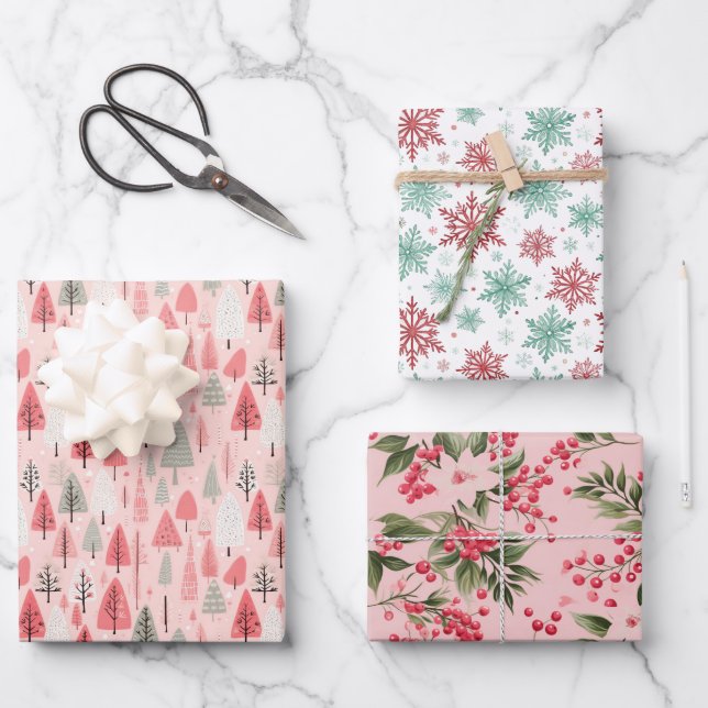 Preppy Pink and Green Christmas Holiday Pattern  Geschenkpapier Set (Vorderseite)