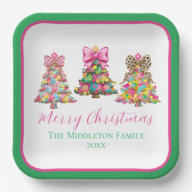 Preppy Pink and Green Christmas Trees Pappteller (Vorderseite)