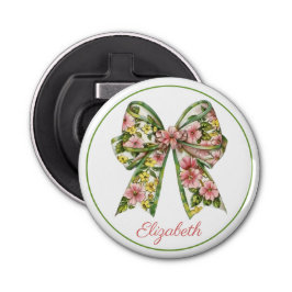 Preppy Pink and Green Floral Bow Personalized Flaschenöffner