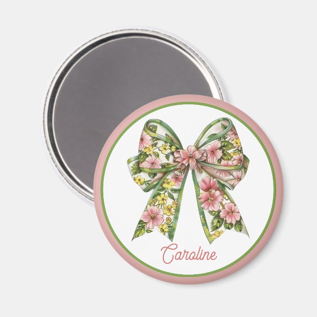 Preppy Pink and Green Floral Bow Personalized Magnet (Vorderseite/Rückseite)