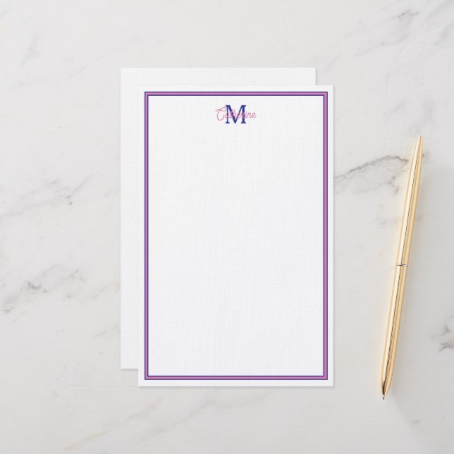 Preppy Pink and Navy Blue Simple Monogram Briefpapier (Vorderseite/Rückseite Beispiel)