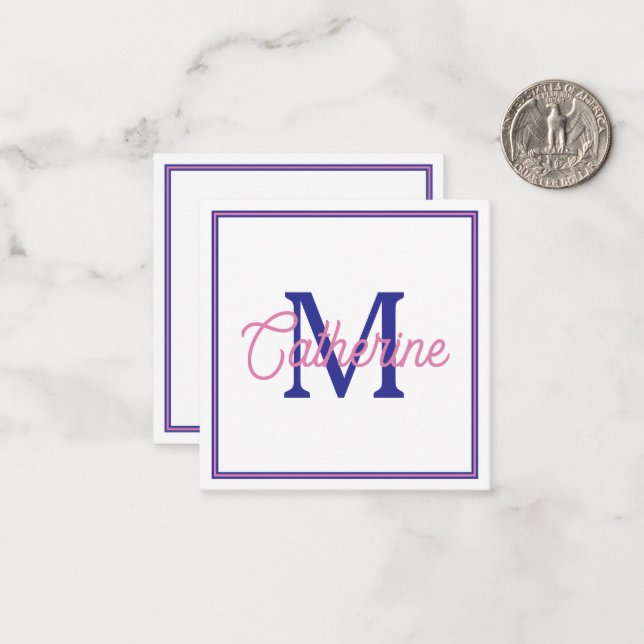 Preppy Pink and Navy Blue Simple Monogram Mitteilungskarte (Vorderseite/Rückseite Beispiel)