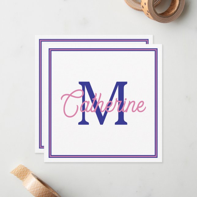 Preppy Pink and Navy Blue Simple Monogram Mitteilungskarte (Vorderseite/Rückseite Beispiel)