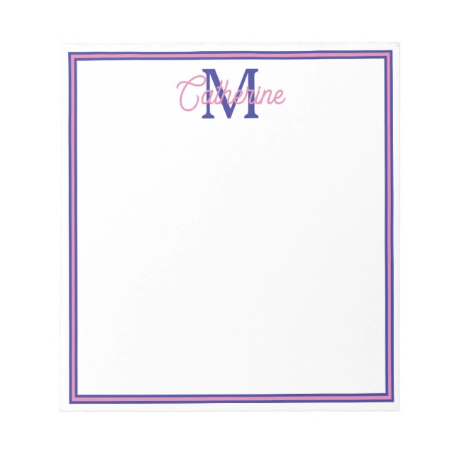 Preppy Pink and Navy Blue Simple Monogram Notizblock (Vorderseite)