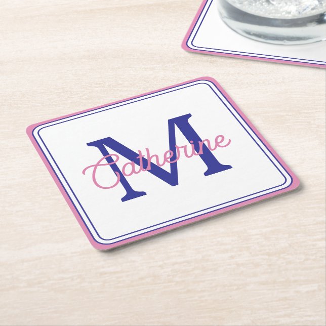 Preppy Pink and Navy Blue Simple Monogram Rechteckiger Pappuntersetzer (angewinkelt)
