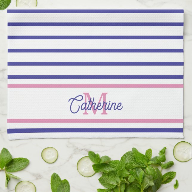 Preppy Pink and Navy Blue Stripe Simple Monogram Geschirrtuch (Gefaltet)