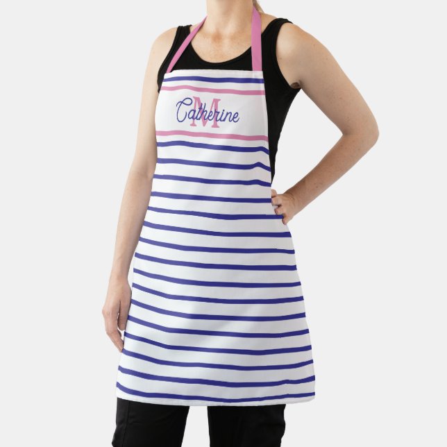 Preppy Pink and Navy Blue Stripe Simple Monogram Schürze (InSitu)