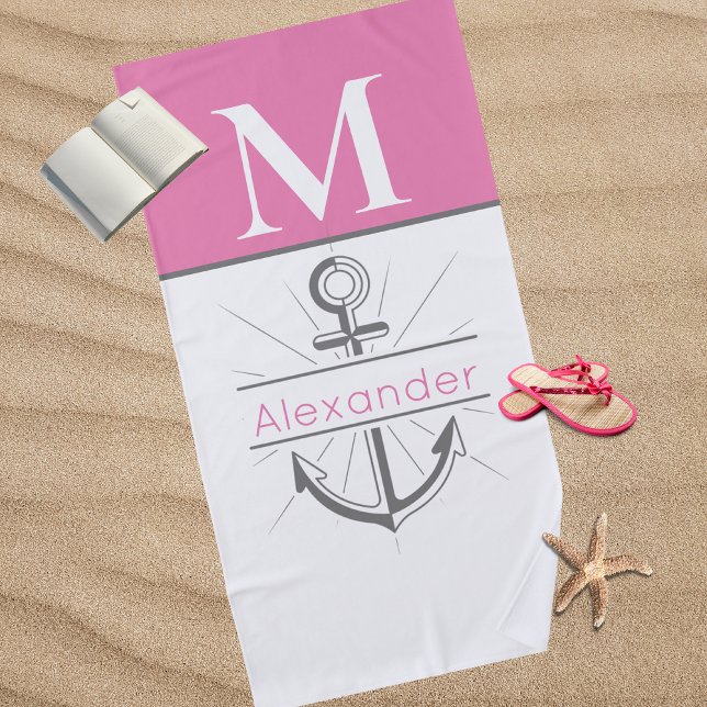 Preppy-Pink-Anker-Nautische Monogramm Strandtuch (Von Creator hochgeladen)